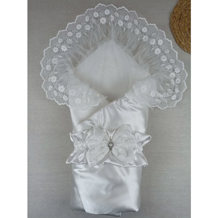 Yenidoğan Pırıltı Nakışlı Trilüks Kundak Bebek Battaniyesi Ekru