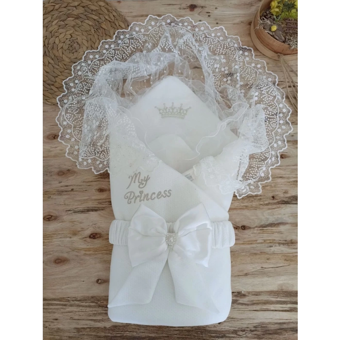 Yenidoğan Sahra Benim Prensesim Nakışlı Kundak Bebek Battaniyesi Ekru