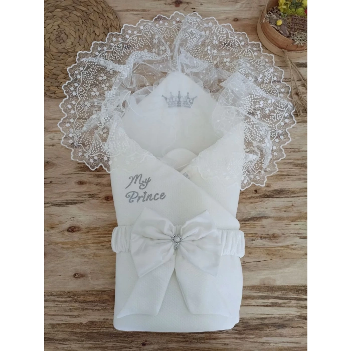 Yenidoğan Sahra Benim Prensim Nakışlı Kundak Bebek Battaniyesi Ekru