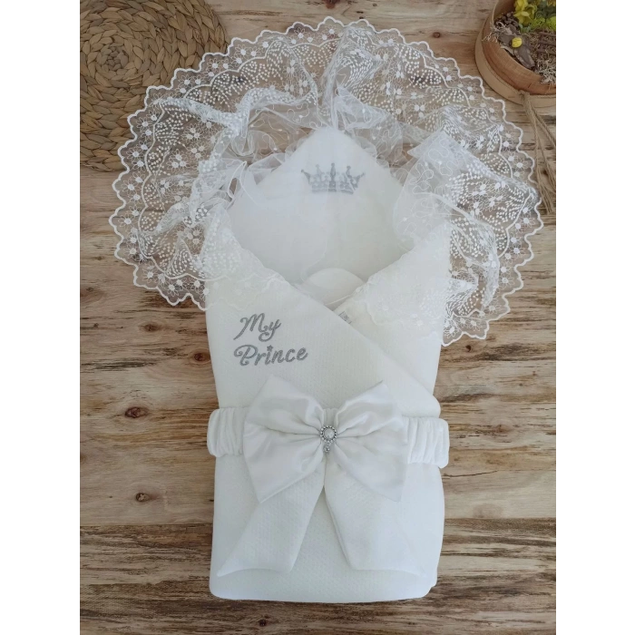 Yenidoğan Sahra Benim Prensim Nakışlı Kundak Bebek Battaniyesi Ekru