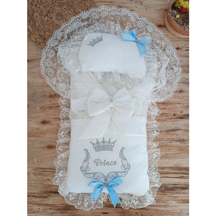 Yenidoğan Sahra Benim Prensim Nakışlı Kundaklı Trilüks Erkek 3Lü Alt Açma Seti Mavi