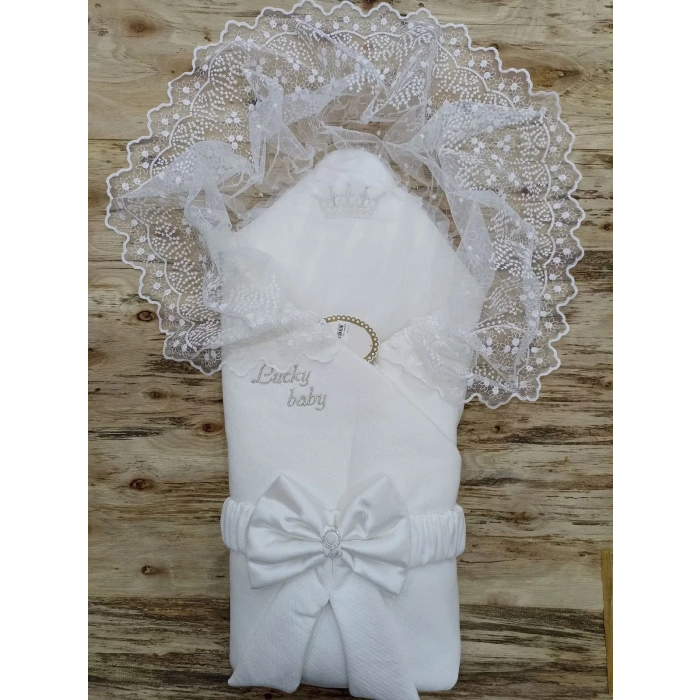 Yenidoğan Sahra Lucky Nakışlı Kumru Kundak Bebek Battaniyesi Ekru