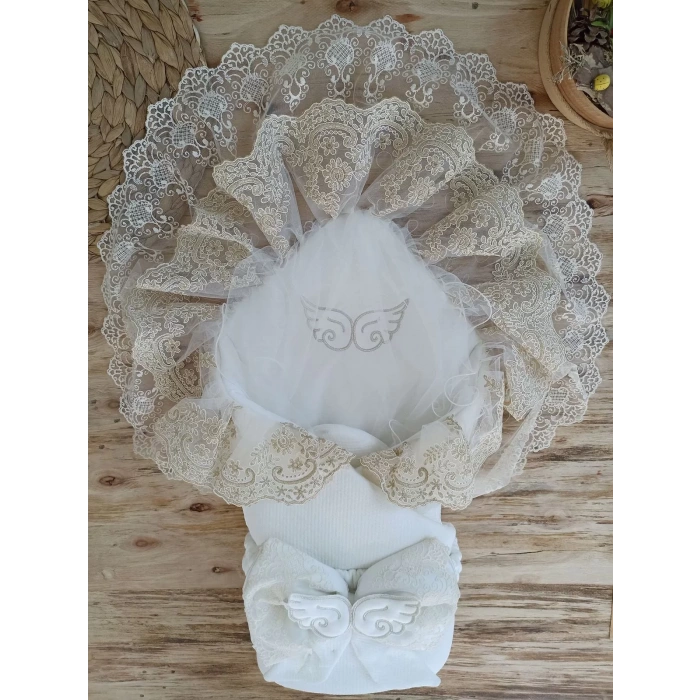Yenidoğan Sahra Nakışlı Gold Angel Trilüks Kundak Bebek Battaniyesi Ekru