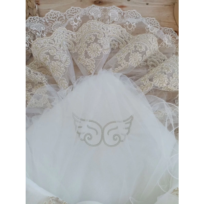 Yenidoğan Sahra Nakışlı Gold Angel Trilüks Kundak Bebek Battaniyesi Ekru