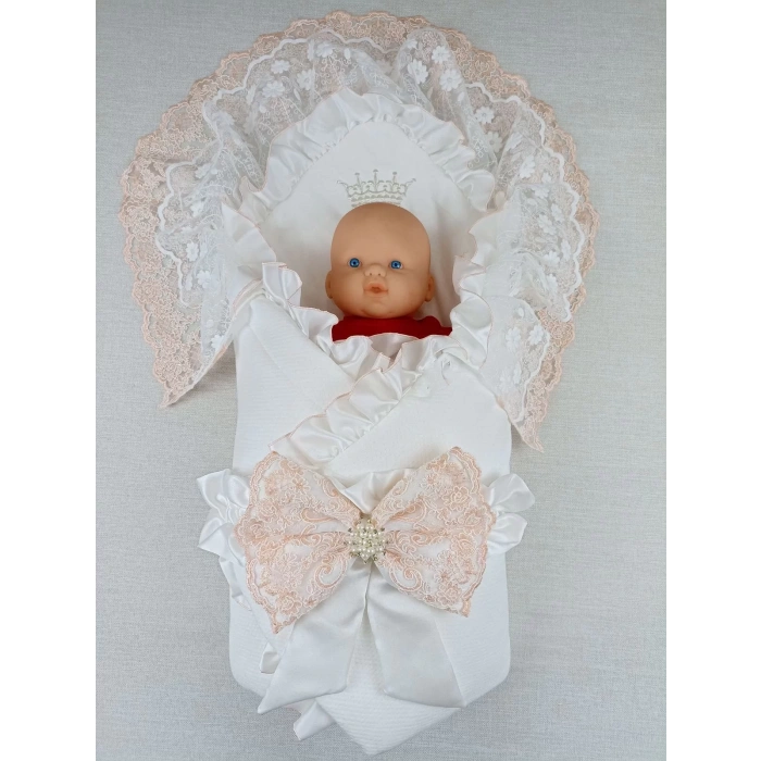 Yenidoğan Sahra Nakışlı Trilüks Kundak Bebek Battaniyesi Ekru