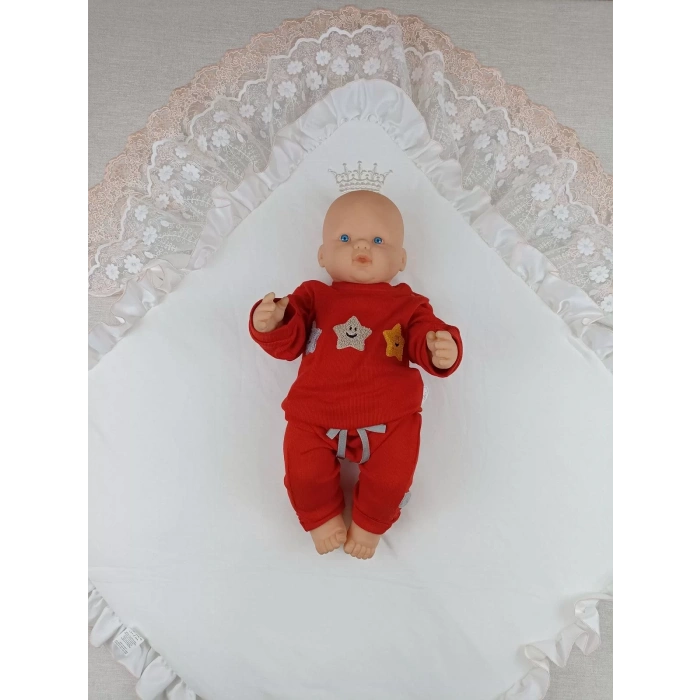 Yenidoğan Sahra Nakışlı Trilüks Kundak Bebek Battaniyesi Ekru