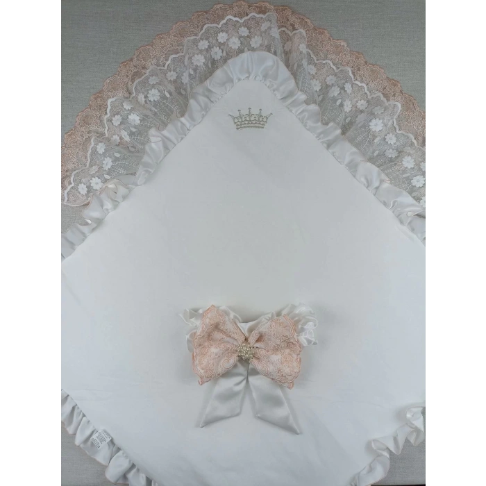 Yenidoğan Sahra Nakışlı Trilüks Kundak Bebek Battaniyesi Ekru