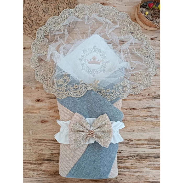 Yenidoğan Teri Nakışlı Prizma Taş Kundak Bebek Battaniyesi Bej