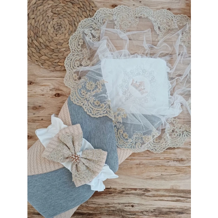 Yenidoğan Teri Nakışlı Prizma Taş Kundak Bebek Battaniyesi Bej