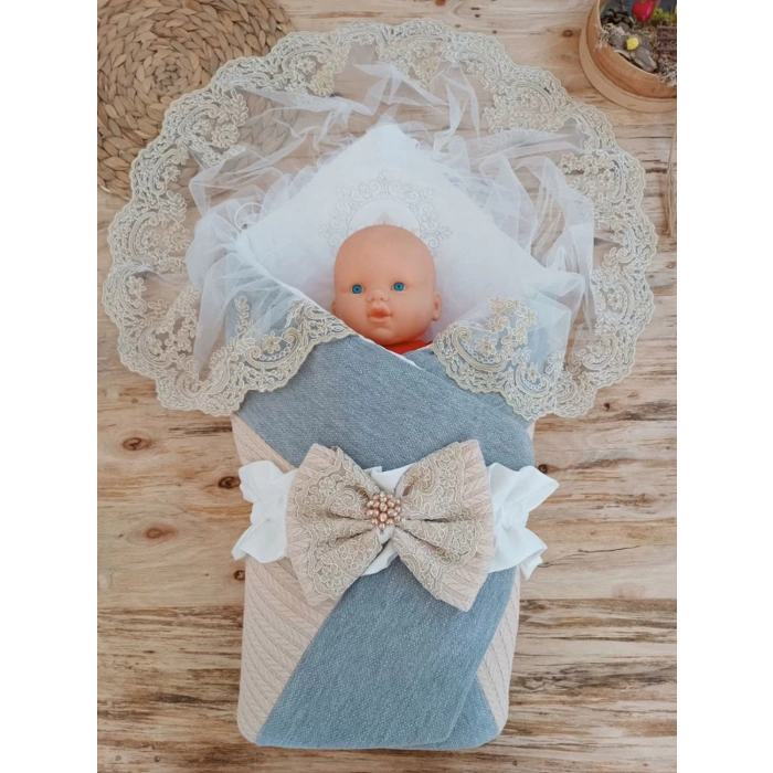 Yenidoğan Teri Nakışlı Prizma Taş Kundak Bebek Battaniyesi Bej