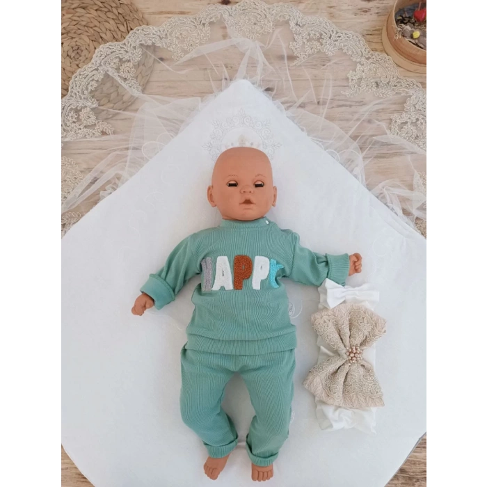 Yenidoğan Teri Nakışlı Prizma Taş Kundak Bebek Battaniyesi Bej