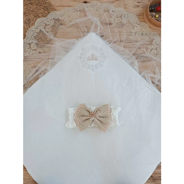 Yenidoğan Teri Nakışlı Prizma Taş Kundak Bebek Battaniyesi Bej