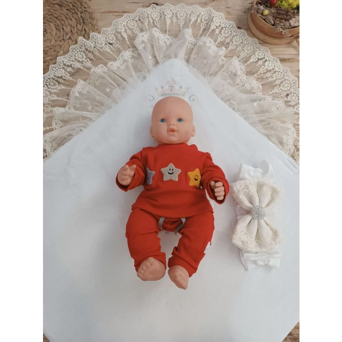 Yenidoğan Teri Nakışlı Prizma Taş Kundak Bebek Battaniyesi Krem