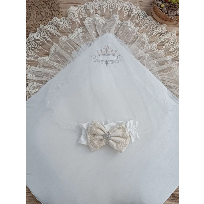 Yenidoğan Teri Nakışlı Prizma Taş Kundak Bebek Battaniyesi Krem