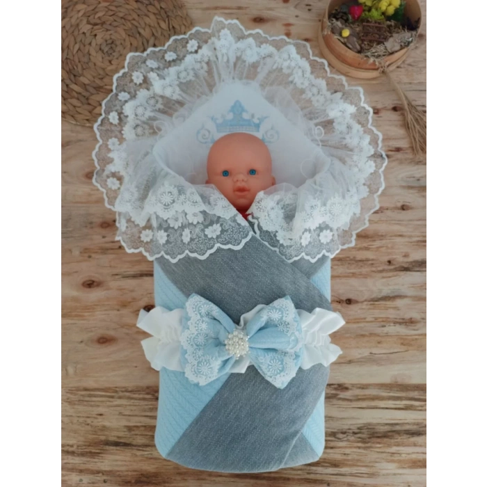 Yenidoğan Teri Nakışlı Prizma Taş Kundak Bebek Battaniyesi Mavi