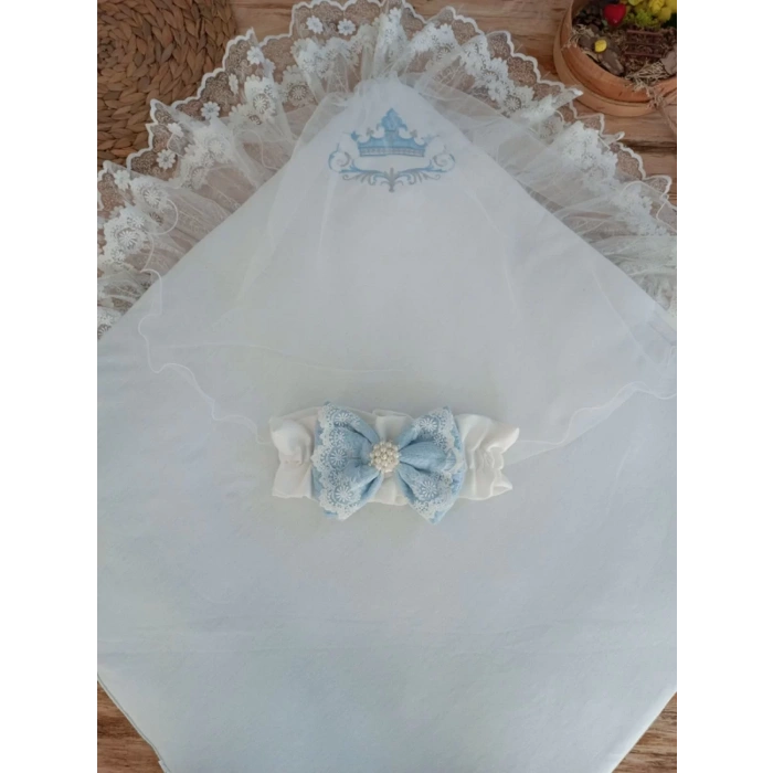 Yenidoğan Teri Nakışlı Prizma Taş Kundak Bebek Battaniyesi Mavi