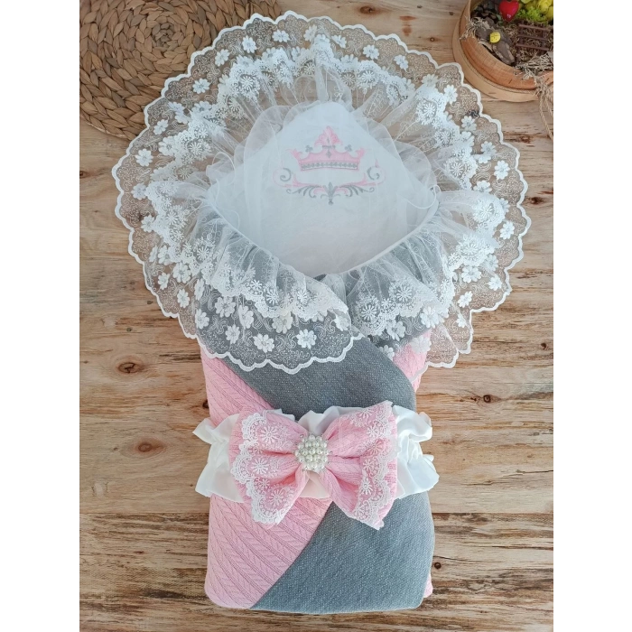 Yenidoğan Teri Nakışlı Prizma Taş Kundak Bebek Battaniyesi Pembe