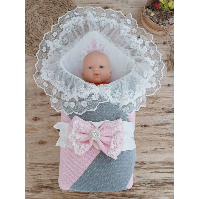 Yenidoğan Teri Nakışlı Prizma Taş Kundak Bebek Battaniyesi Pembe