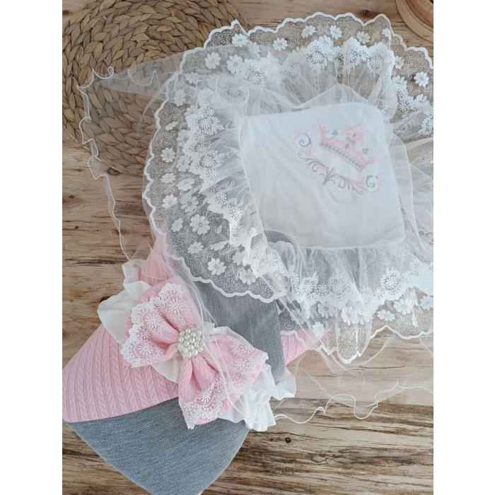 Yenidoğan Teri Nakışlı Prizma Taş Kundak Bebek Battaniyesi Pembe