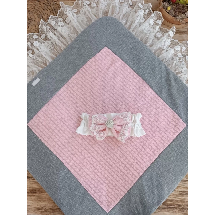 Yenidoğan Teri Nakışlı Prizma Taş Kundak Bebek Battaniyesi Pembe