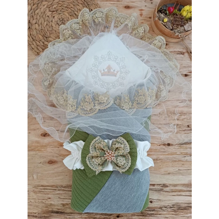 Yenidoğan Teri Nakışlı Prizma Taş Kundak Bebek Battaniyesi Yeşil