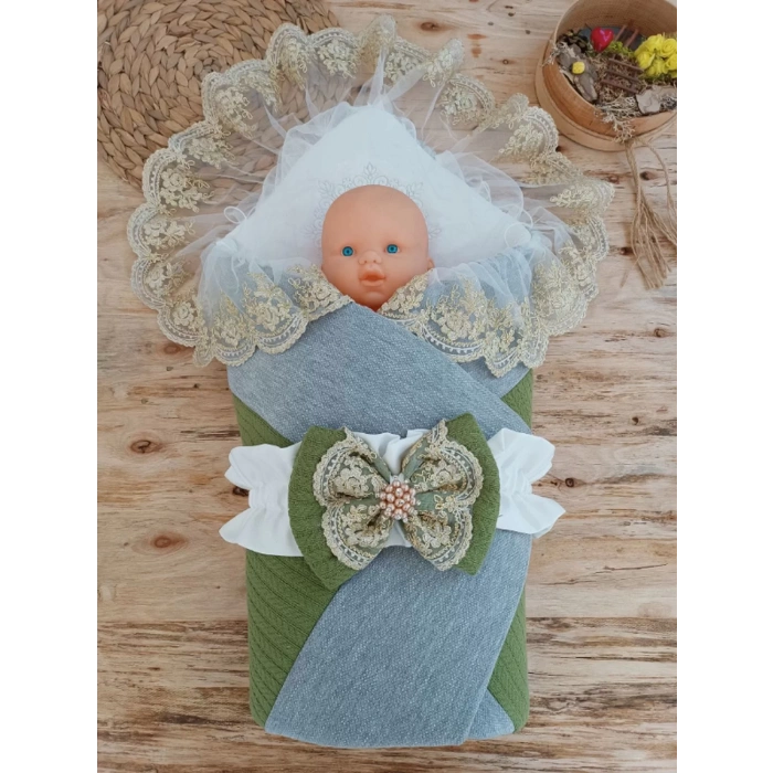 Yenidoğan Teri Nakışlı Prizma Taş Kundak Bebek Battaniyesi Yeşil