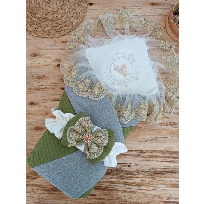 Yenidoğan Teri Nakışlı Prizma Taş Kundak Bebek Battaniyesi Yeşil