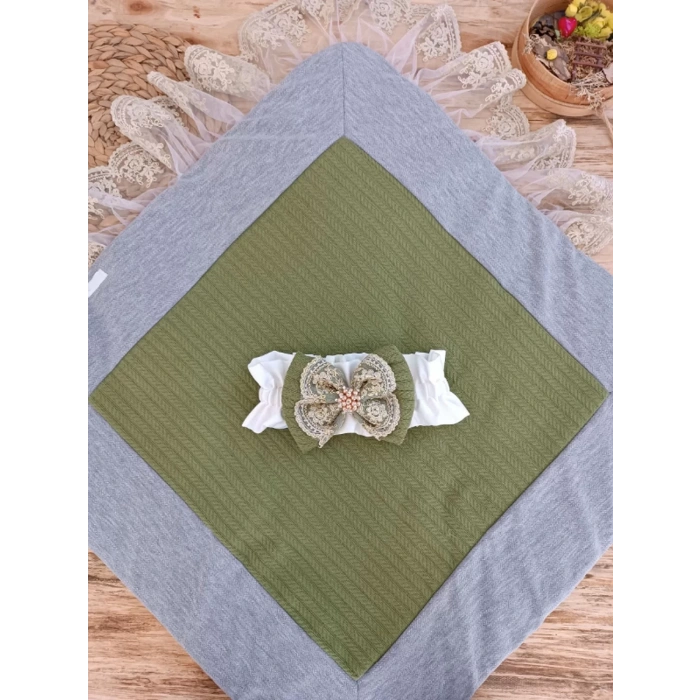 Yenidoğan Teri Nakışlı Prizma Taş Kundak Bebek Battaniyesi Yeşil