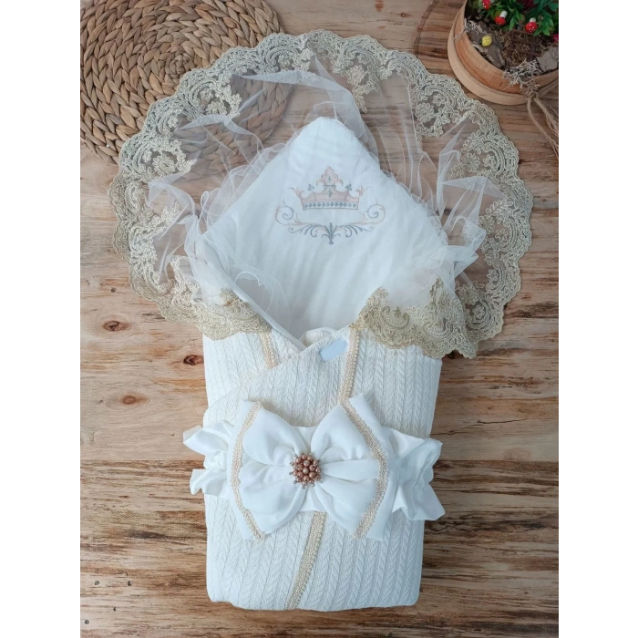 Yenidoğan Teriörgülü Trilüx Bebek Battaniyesi Kundak Ekru