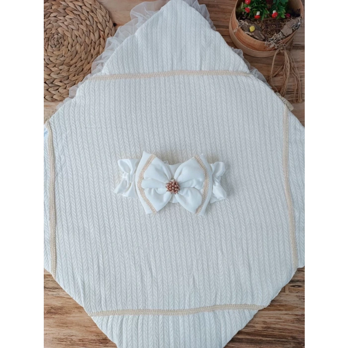 Yenidoğan Teriörgülü Trilüx Bebek Battaniyesi Kundak Ekru