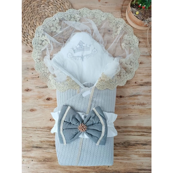Yenidoğan Teriörgülü Trilüx Bebek Battaniyesi Kundak Gri
