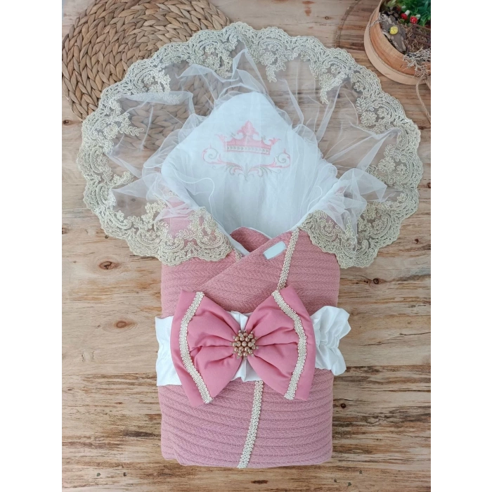 Yenidoğan Teriörgülü Trilüx Bebek Battaniyesi Kundak Gül Kurusu