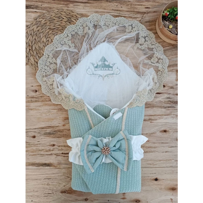 Yenidoğan Teriörgülü Trilüx Bebek Battaniyesi Kundak Yeşil