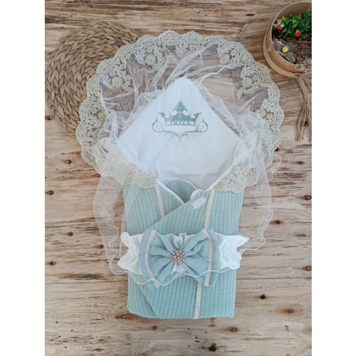 Yenidoğan Teriörgülü Trilüx Bebek Battaniyesi Kundak Yeşil