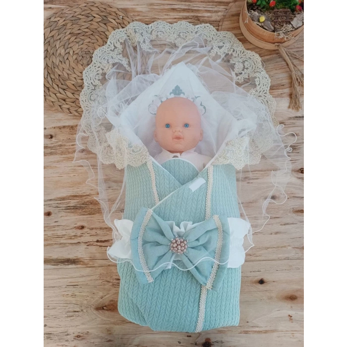 Yenidoğan Teriörgülü Trilüx Bebek Battaniyesi Kundak Yeşil