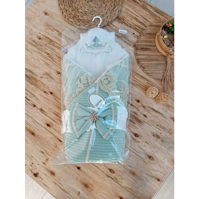 Yenidoğan Teriörgülü Trilüx Bebek Battaniyesi Kundak Yeşil