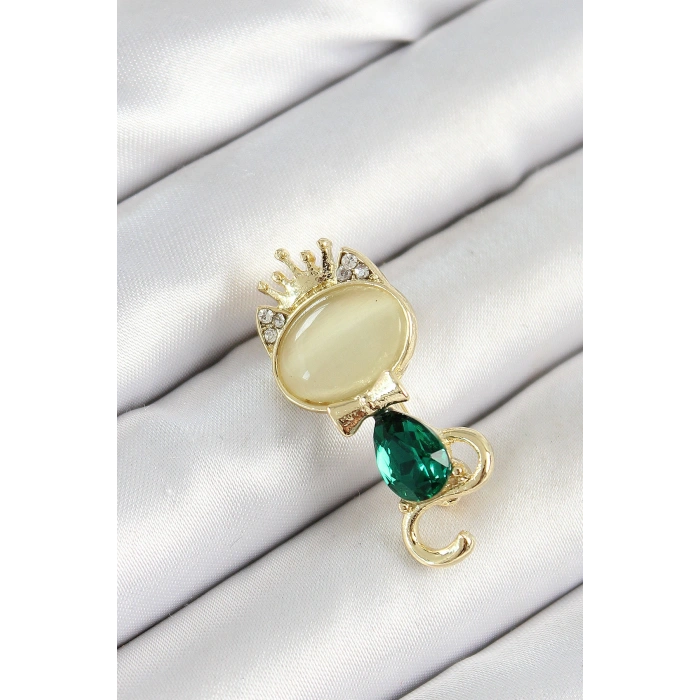 Yeşil Damla Zirkon Taşlı Kraliçe Taçlı Kedi Figürlü Gold Renk Kadın Broş