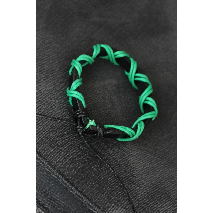 Yeşil İpli Siyah Renk Deri Erkek Bileklik