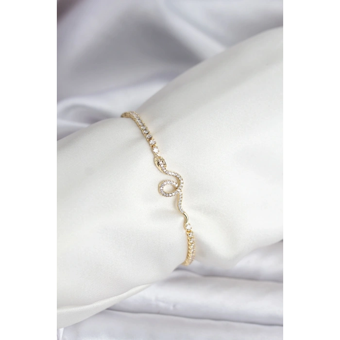 Yılan Model Zirkon Taşlı Gold Renk Pirinç Su Yolu Kadın Bileklik
