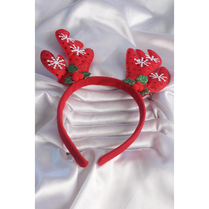 Yılbaşı Temalı Kar Tanesi İşleme Detay Geyik Boynuzu Figürlü Taç