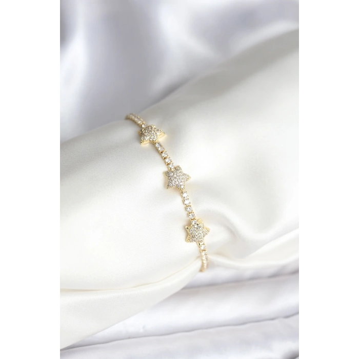 Yıldız Model Zirkon Taşlı Gold Renk Pirinç Su Yolu Kadın Bileklik