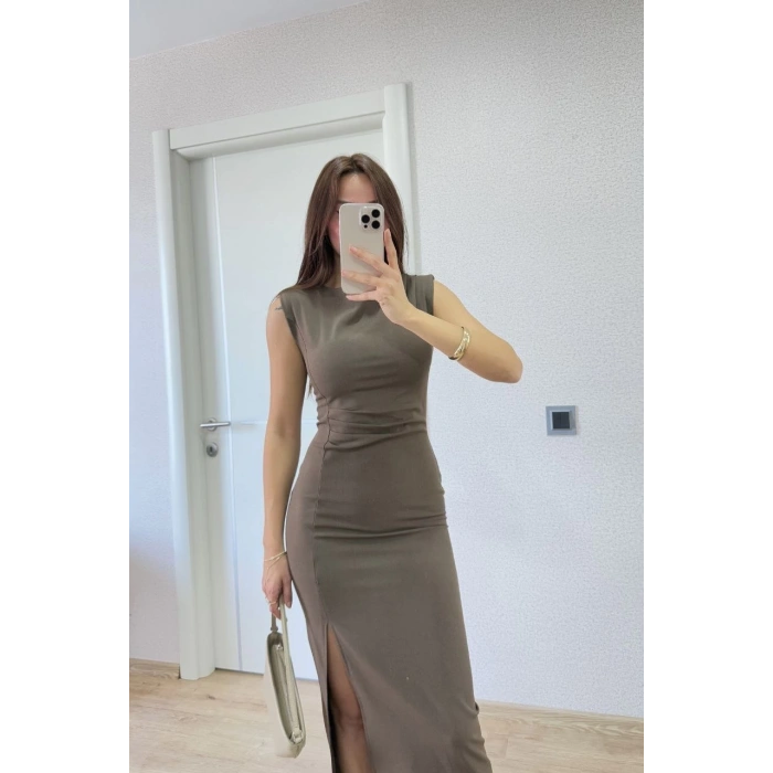 YIRTMAÇ DETAYLI SIRTLI KAPALI YANDAN DERİN YIRTMAÇ DETAYLI KOLSUZ ELBİSE - ANTRASİT