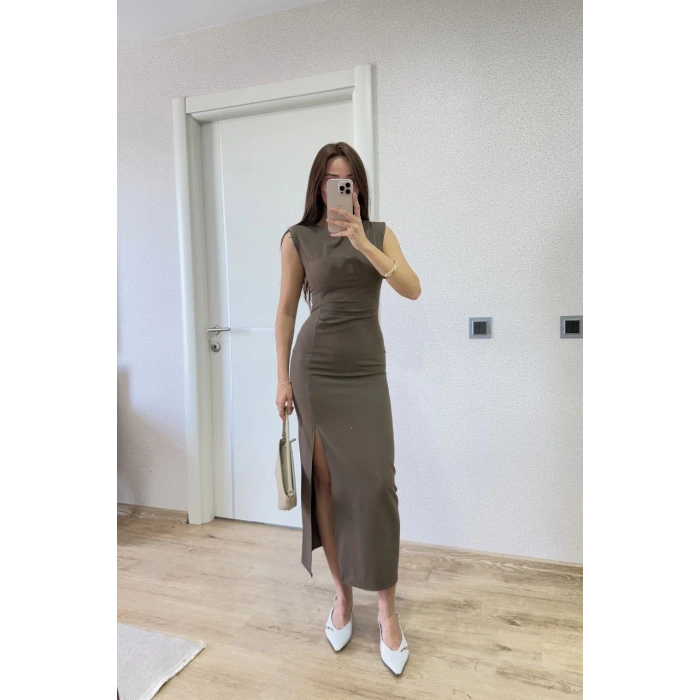 YIRTMAÇ DETAYLI SIRTLI KAPALI YANDAN DERİN YIRTMAÇ DETAYLI KOLSUZ ELBİSE - ANTRASİT