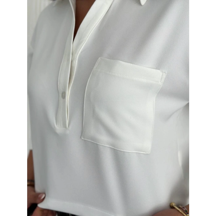 Z Krep Kadın Crop Yakalı Gömlek İlik Düğmeli Üç Çeyrek Sleeve Kol - Beyaz