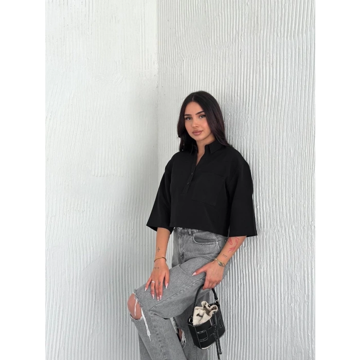 Z Krep Kadın Crop Yakalı Gömlek İlik Düğmeli Üç Çeyrek Sleeve Kol - Siyah
