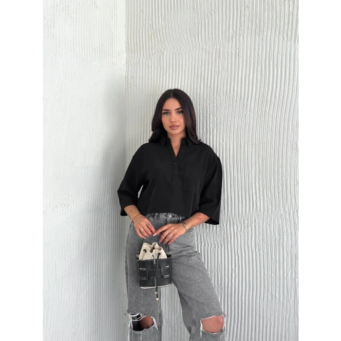 Z Krep Kadın Crop Yakalı Gömlek İlik Düğmeli Üç Çeyrek Sleeve Kol - Siyah