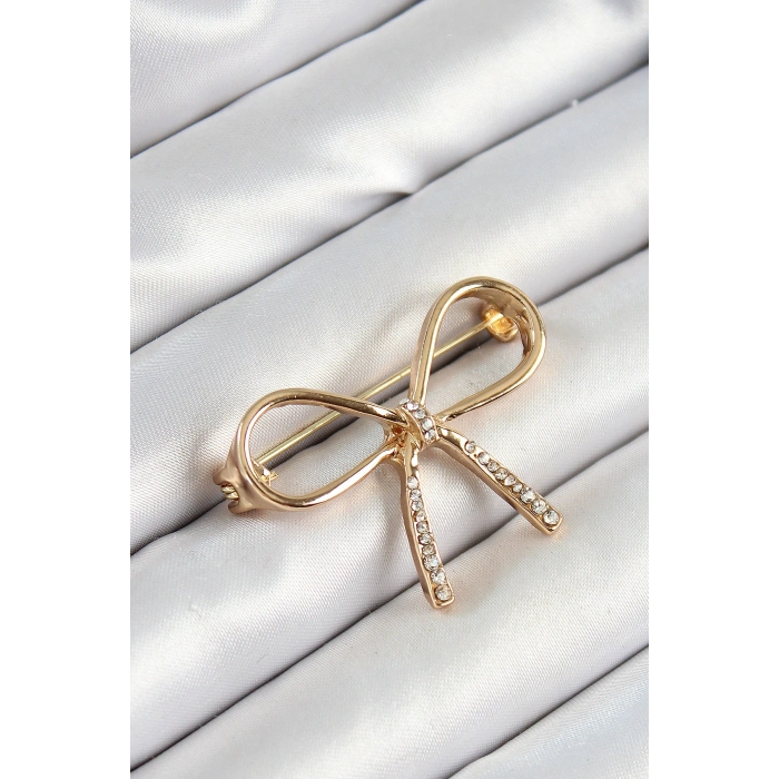 Zirkon Taş Detaylı 3D Fiyonk Figürlü Gold Renk Kadın Broş