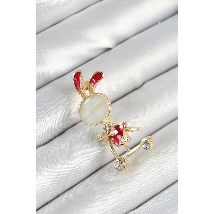 Zirkon Taş Detaylı Kırmızı 3D Scooter Süren Tavşan Kız Figürlü Gold Renk Kadın Broş