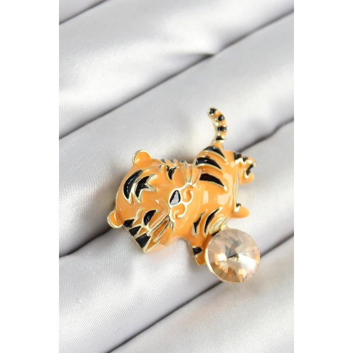 Zirkon Taşlı Siyah Çizgili Turuncu Kaplan Figürlü Gold Renk Kadın Broş