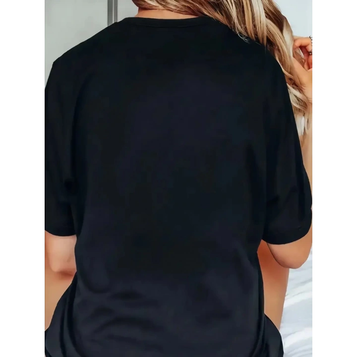 20/1 Penye Compack Baskılı Oversize Bisiklet Yaka Kısa Kol T-shirt - Siyah